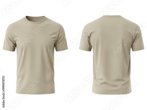 A pair of beige short-sleeved t-shirts displayed from front and back view