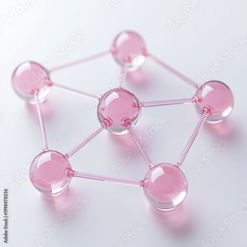 A molecular structure made of pink glass spheres connected by thin rods. The design represents scientific concepts and molecular biology.