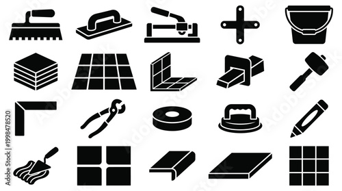 Black Tile Installation Tools Icons on White Background