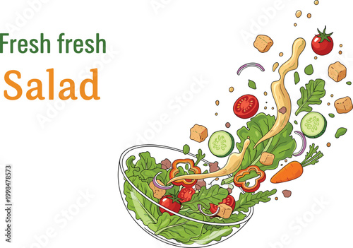 Dynamic Vector Illustration of Fresh Vegetable Salad with Lettuce, Tomatoes, Cucumbers, Carrots, Croutons, Onion, Herbs, and Dressing in a Creative Healthy Food Splash