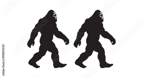 Two silhouettes of bigfoot creature walking in profile view isolated on a clean white background for design projects.