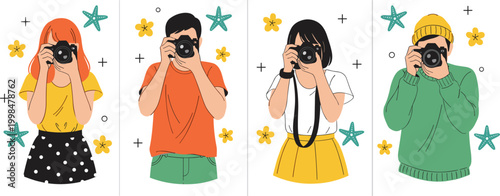 Set of Diverse Young Photographers Holding DSLR Cameras for Photography Workshops, Creative Hobbies, Social Media Content Creation, and Modern Digital Art Projects for Websites and Apps