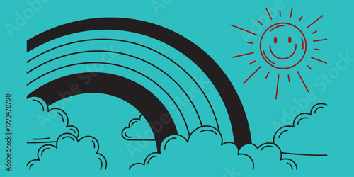 Rainbow line art with clouds and smiling sun illustration