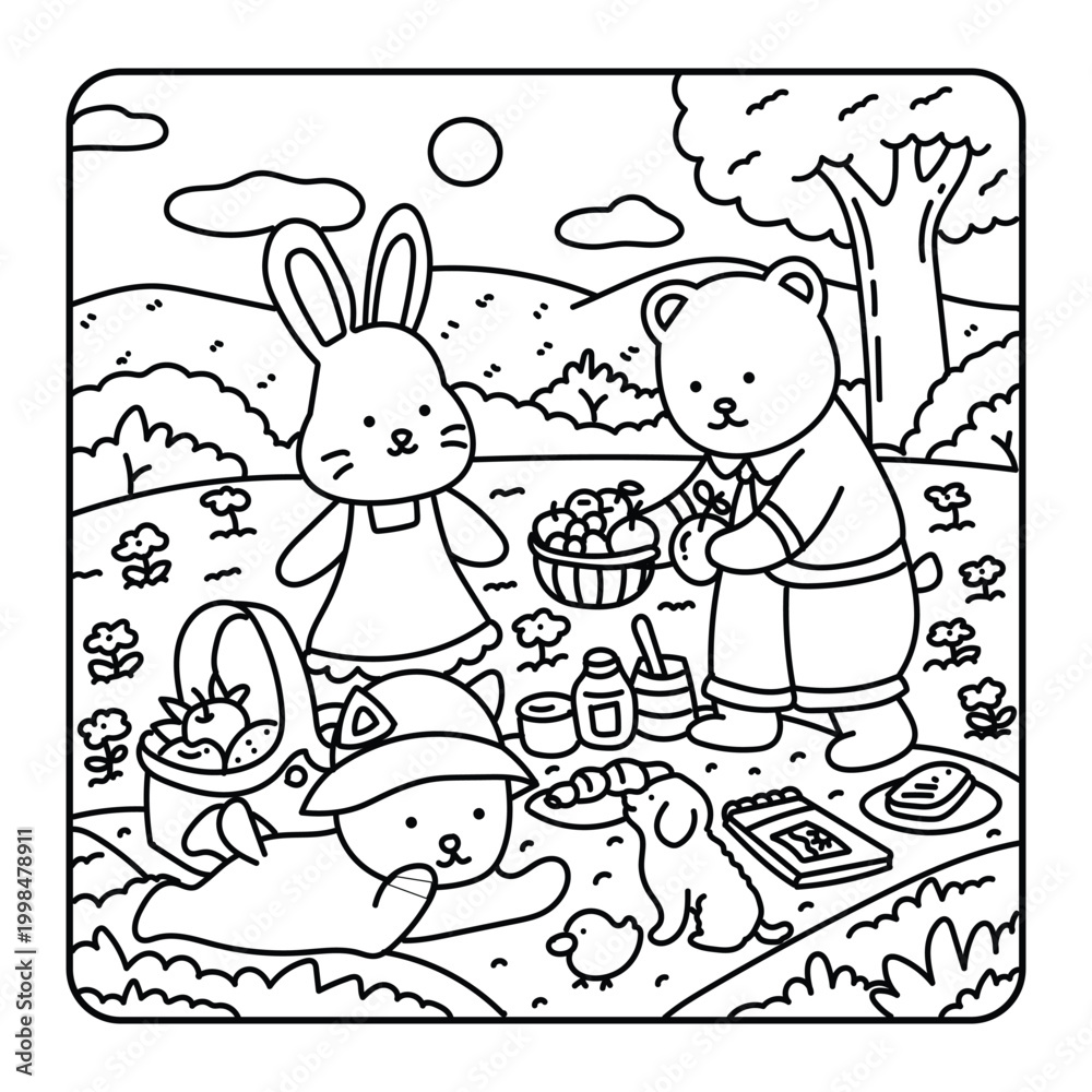 Fototapeta premium Bear, bunny, and cat having a picnic with food and drinks, easy summer coloring page vector illustration.