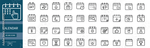 Calendar web line icons set schedule appointment event planning date time management web line icons set & more vector illustration on editable stroke