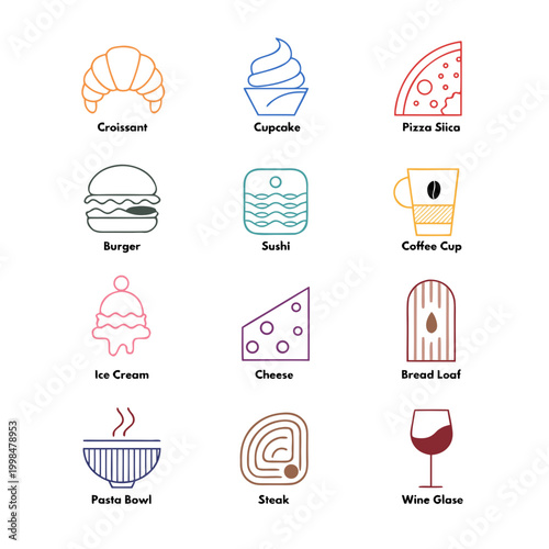 Food items appear in this structured collection of culinary icons showcasing a variety of popular dishes like croissan, cupcake, pizza slice, burger, sushi, coffee, ice cream, cheese, steak, and wine.