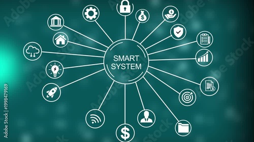 A central circular diagram displaying BUSINESOLUTION in its core, with thin white lines extending outwards to connect with diverse 4k Animation video on Black Background