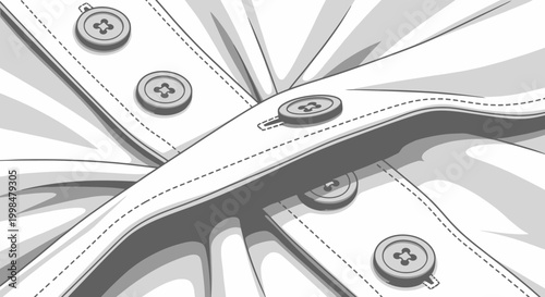 Close-up grayscale illustration of a white dress shirt collar and button placket with detailed stitching and buttons.