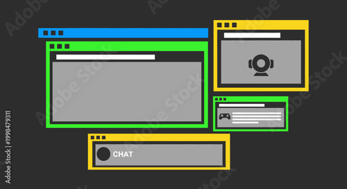 Multiple overlapping computer windows with colored borders and various interface elements on a dark background, representing digital multitasking.