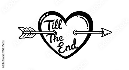A black and white graphic of a heart pierced by an arrow, with the text "Till The End" inscribed inside, symbolizing eternal love or commitment.
