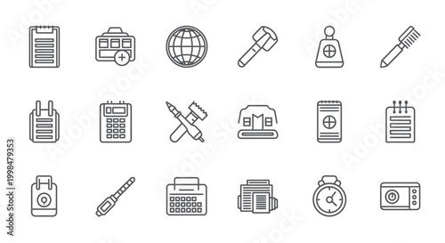 A collection of line icons depicting various office supplies, business tools, and everyday objects for work and communication.