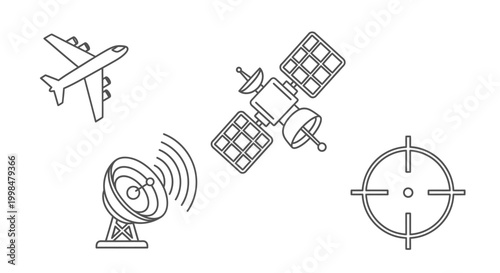 Line art illustration depicting aerospace technology, communication systems, and targeting mechanisms.