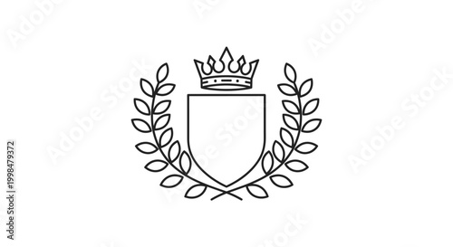 A minimalist line art illustration featuring a crown atop a blank shield, encircled by a laurel wreath, symbolizing heraldry and achievement.