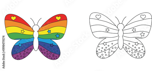 Set of Colorful Rainbow Butterfly Illustrations Featuring Stars and Hearts, Includes Colored and Line Art Versions for Children's Coloring Pages and Creative Activities - Vector Illustration