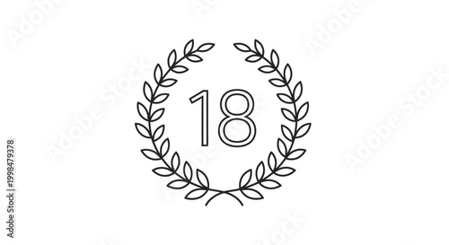 Simple line art illustration of the number 18 encircled by a classic laurel wreath, symbolizing achievement, anniversary, or a significant milestone.