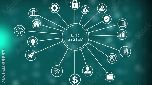 Enterprise Resource Planning system diagram with interconnected representing business functions and data flow 4k Animation video on Black Background