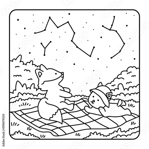 Two cute animals gaze at constellations in the night sky on a blanket in this bold, easy summer coloring page vector illustration.