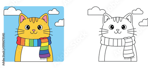 Cute Cartoon Ginger Cat Wearing a Rainbow Scarf, Featuring Color and Line Art Versions for Children's Coloring Page and Creative Activities - Vector Illustration