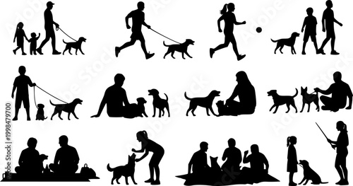 Group people all ages activities with dogs vector silhouette set collection.
