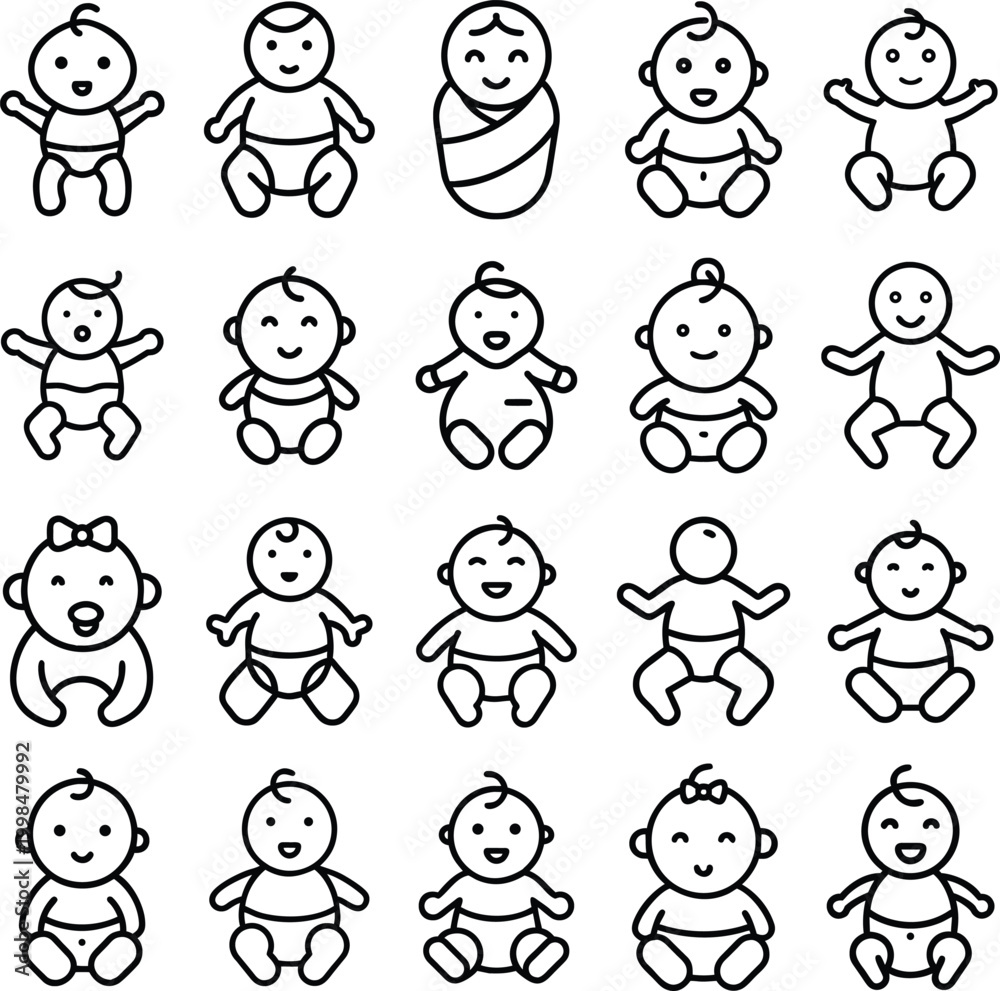 Fototapeta premium Collection of cute baby icons in sitting and standing poses Vector