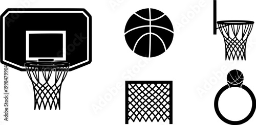 Basketball hoop, basketball and goal, net, ring icon silhouettes set