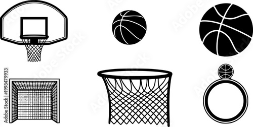 Basketball hoop, basketball and goal, net, ring icon silhouettes set