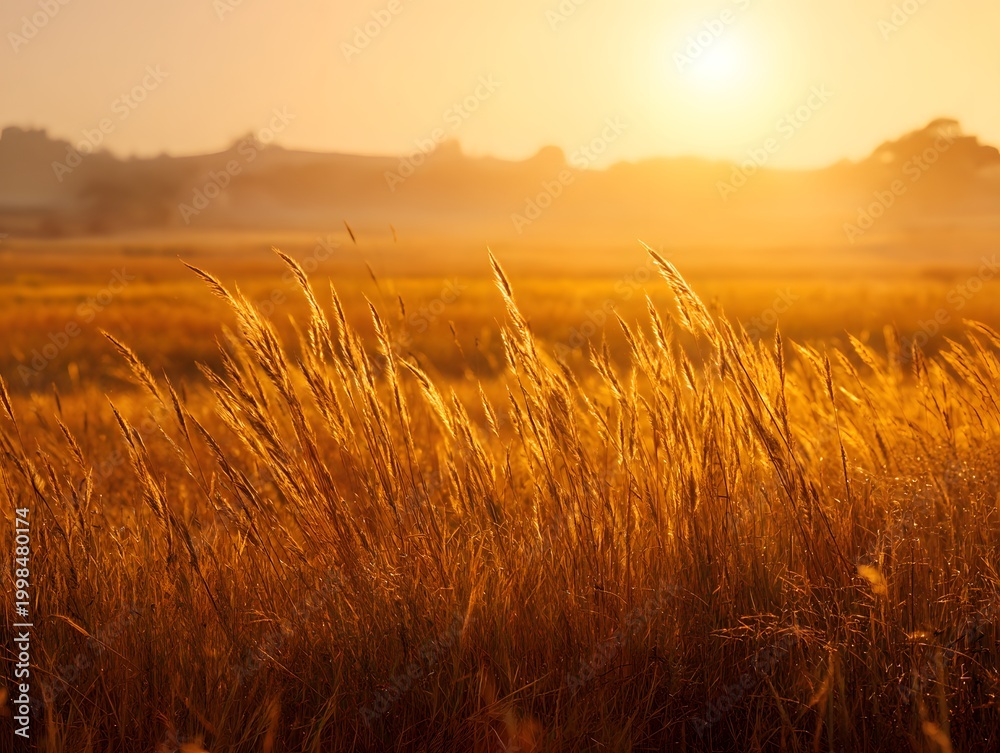 Obraz premium A breathtaking view of golden grass swaying gently in the warm glow of the sunset, creating a tranquil and serene atmosphere in nature's beauty.