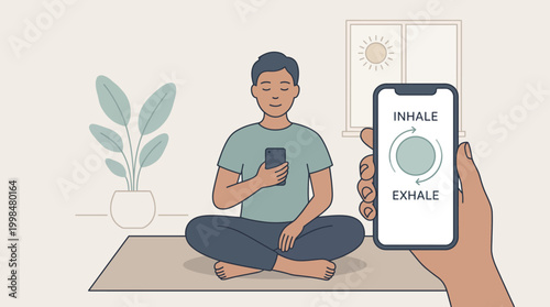 Man meditating with phone for breathing exercise guidance