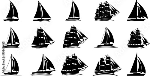 Sail boat logo silhouette vector design, sail boat logo icon silhouette, sailboat sailing ship logo vector illustration, sailboat and sailing ship vector silhouette logo design on white background
