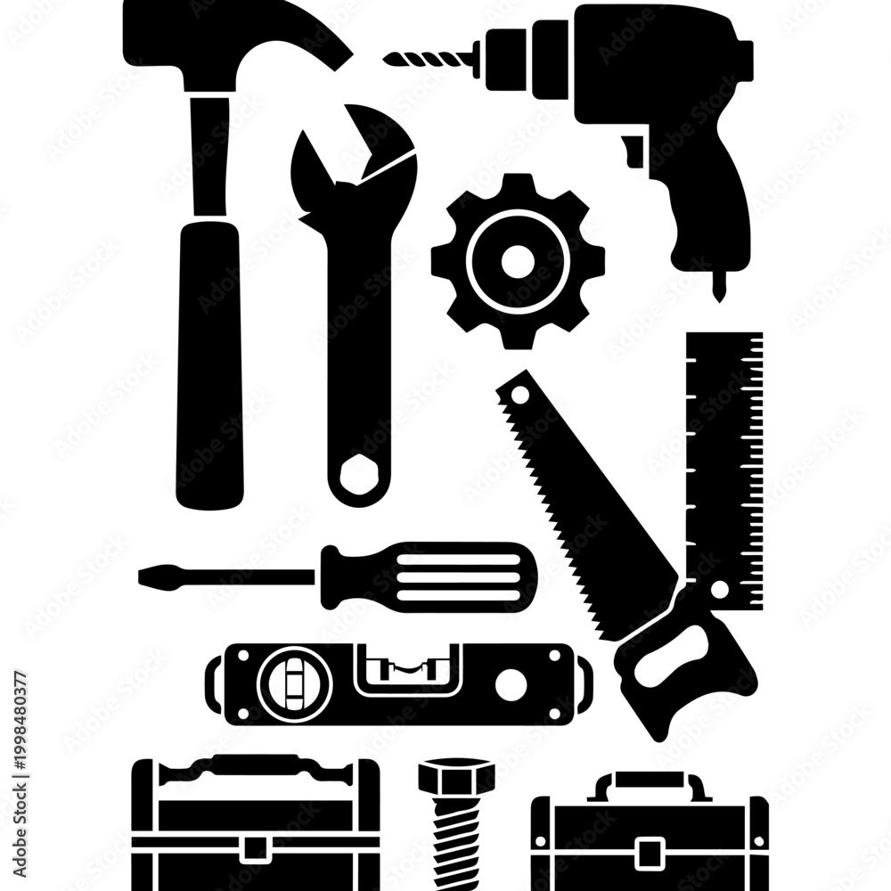 Fototapeta premium Hammer Wrench Gear Drill Saw Ruler Screwdriver Level Toolbox Bolt