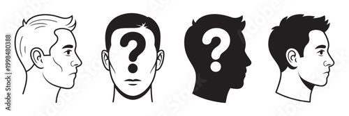 Silhouette profile picture of unknown man with question mark, anonymous identity concept, mystery person avatar, dark shadow face, hidden identity theme.