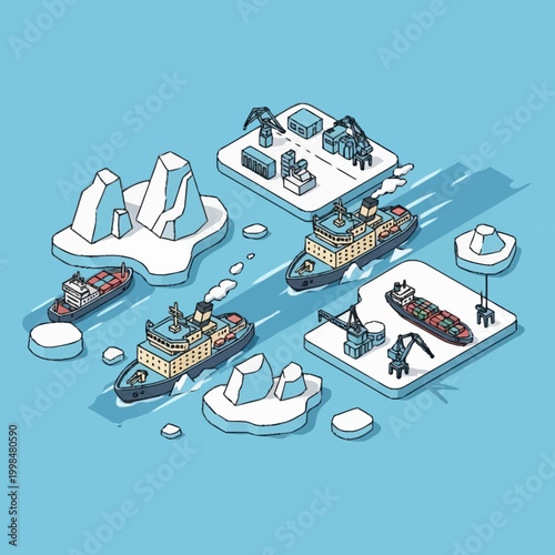 Isometric illustration of arctic ships navigating through ice floes and delivering cargo to remote stations.