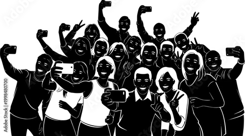 Silhouette group of people selfie different poses silhouette vector set on white background.