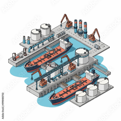 Industrial port with oil tankers docked at the pier, loading and unloading operations.