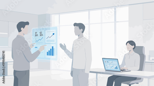 Office workers discussing data charts