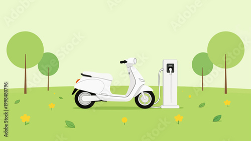 Electric scooter charging in green field