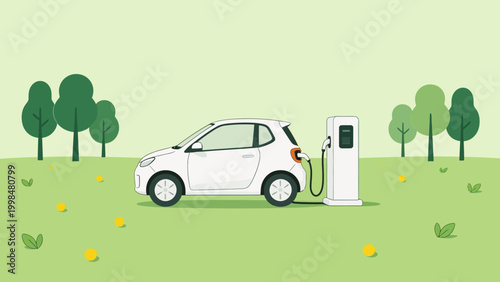 Electric car charging in green field