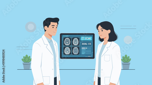 Doctors examining brain CT scan
