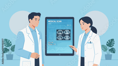 Doctors examining medical scan on tablet