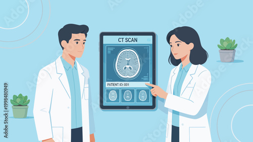 Doctors examining brain CT scan