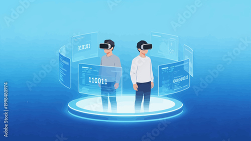 Two people in VR headsets with digital data