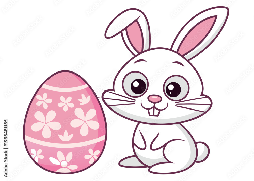 Fototapeta premium A white cartoon rabbit with pink ears stands next to a large pink Easter egg decorated with various white flower patterns on a white background.