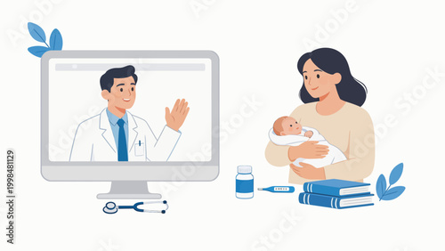 Doctor consults mother with baby via computer