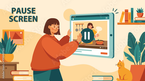 Woman interacting with video pause screen in cozy home environment