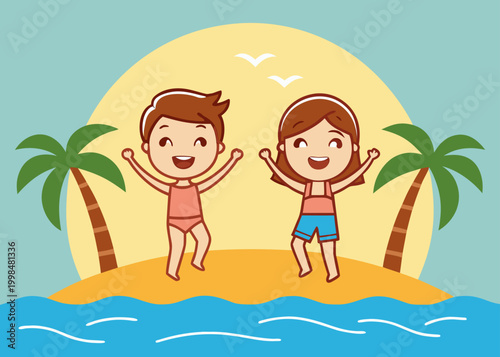 A cartoon boy and girl jumping happily on a small tropical island with palm trees under a bright yellow sun during the daytime.