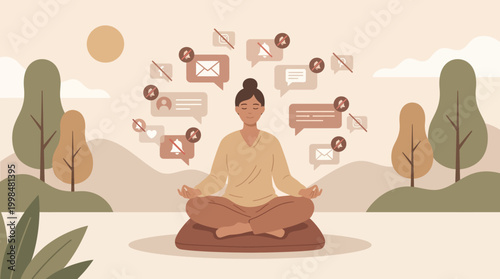 Woman meditating peacefully amidst digital detox