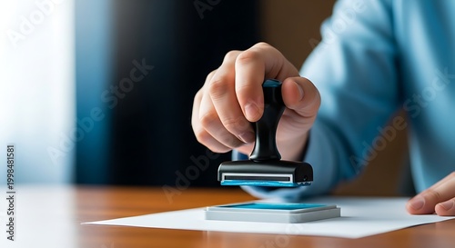 A person stamping a document with a rubber stamp on a wooden desk