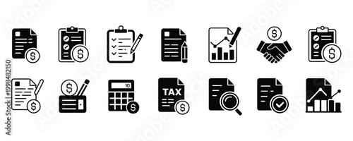 Collection of business and finance icons on white background