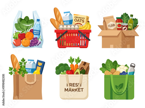 Grocery Shopping Bags and Baskets Set with Fresh Food, Vegetables, and Fruits. Various Grocery Packaging including Reusable Totes, Paper Bags, and Cardboard Boxes for Delivery.