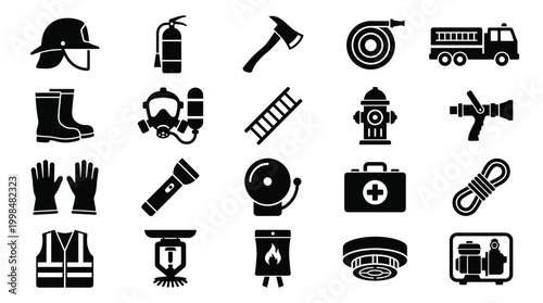 Firefighter Equipment Icons on White Background